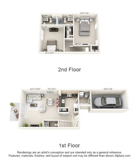 Floor plan for 2 beds, 2.5 baths, 1280 sqft